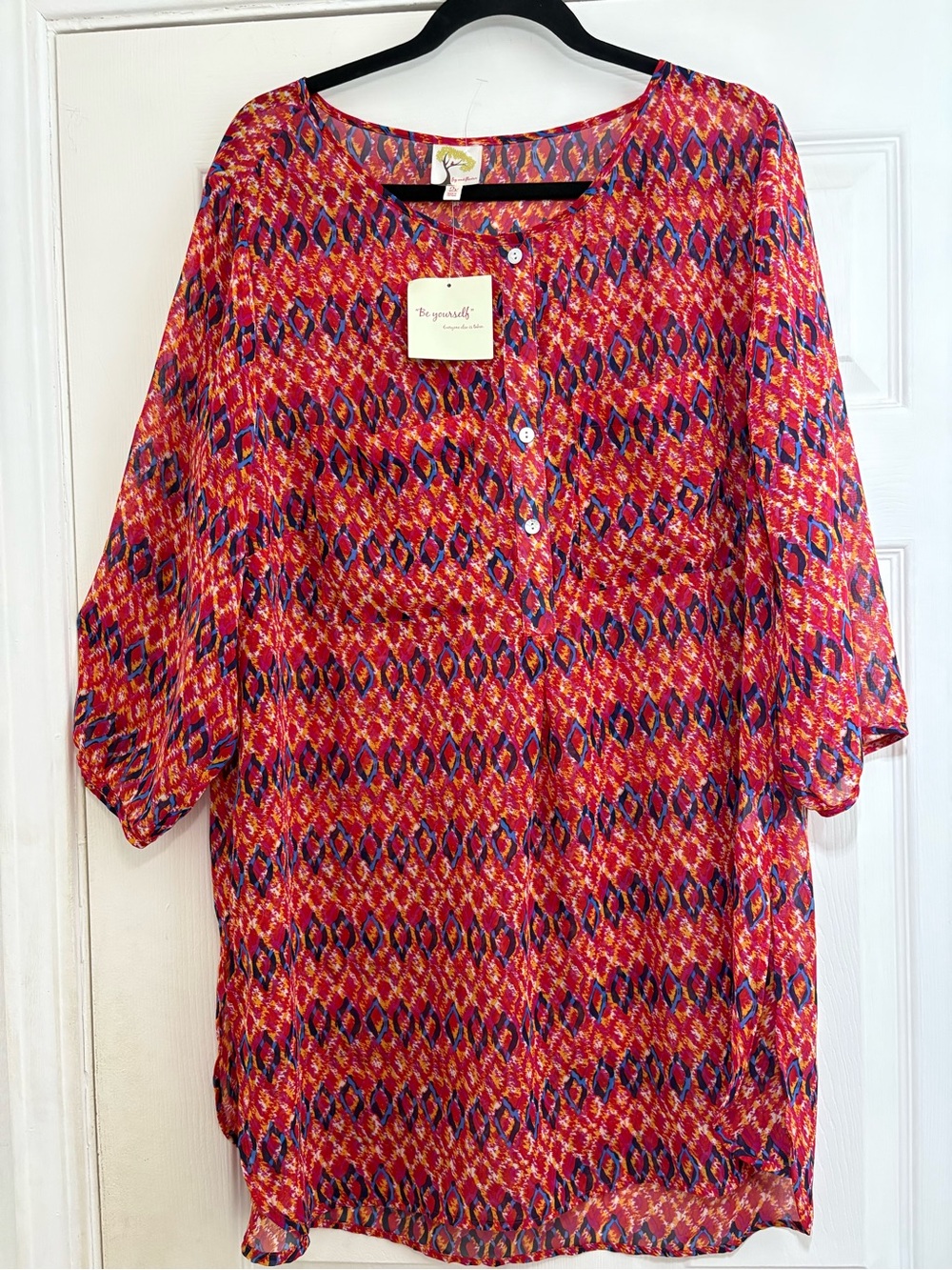 fig and flower Red Multi-Pattern Button-Front Tunic